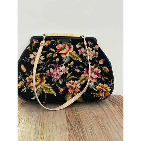 Vintage Handmade Leather Needlepoint Floral Purse Large